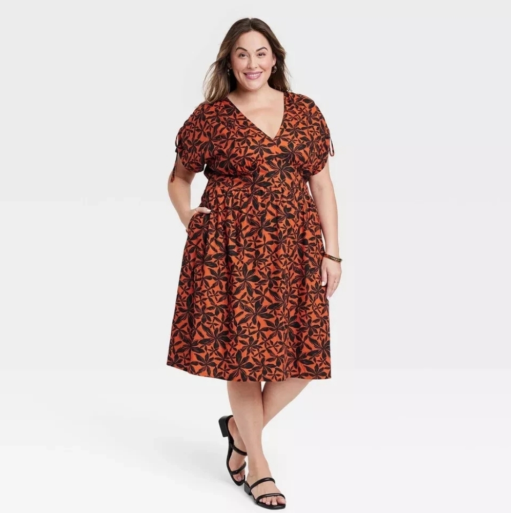 Ava & Viv Rust Orange Floral Cotton Dolman Short Sleeve Midi Dress | NWT